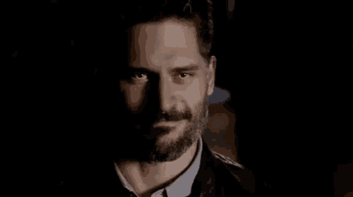 a man with a beard is smiling and looking at the camera in a dark room .