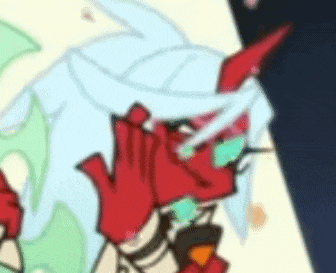 a close up of a cartoon character with red horns and glasses covering his face .