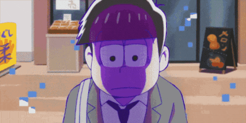 a cartoon character with a purple hat and tie is standing in front of a store .