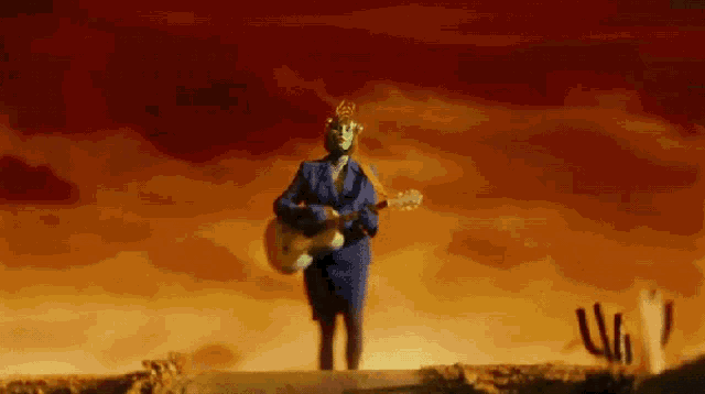 a man in a blue suit playing a guitar in front of a red sky