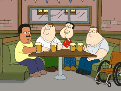 a group of cartoon characters are sitting around a table with beer