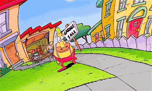 a cartoon character is walking down a sidewalk with a sign that says garage sale