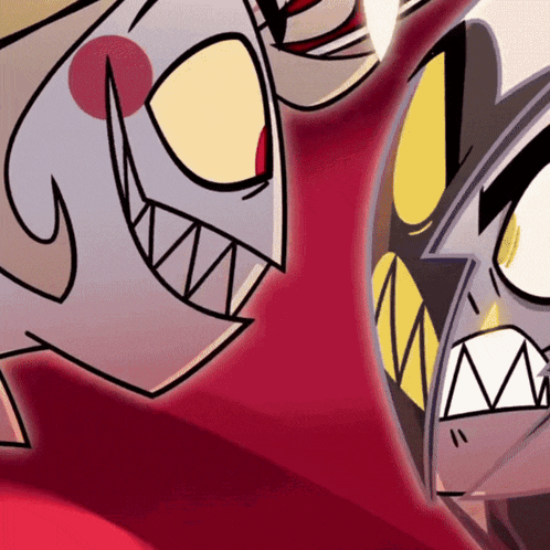 a close up of a cartoon character with big teeth and a red background