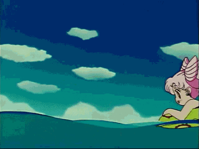 a cartoon girl is swimming in the ocean on a green raft .