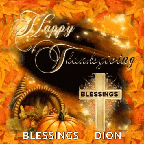 a happy thanksgiving greeting card with a cornucopia , pumpkins and a cross .
