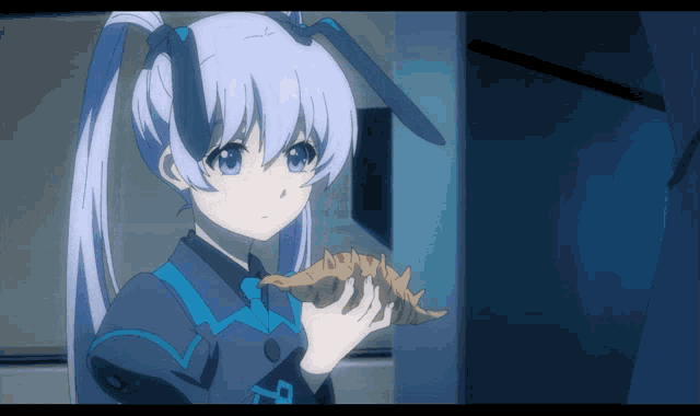 a girl with white hair is holding a sea shell
