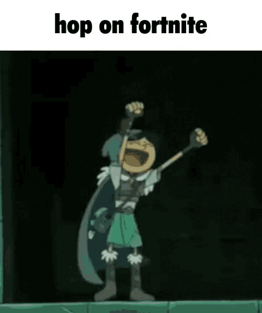 a cartoon character is dancing in a dark room with the words `` hop on fortnite '' on the bottom .