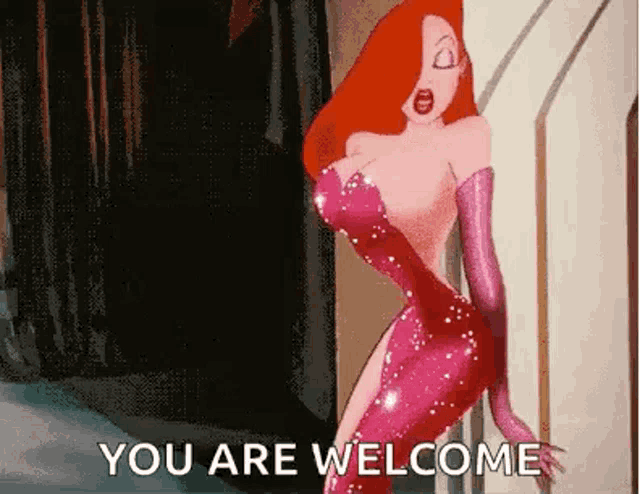 a cartoon of a woman in a red dress and gloves standing in a hallway .