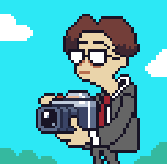 a pixel art of a man in a suit and tie holding a camera