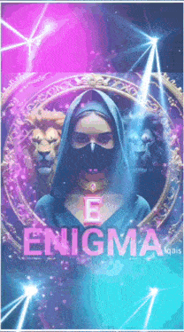a woman wearing a mask and a hood is standing in front of a mirror with the word enigma on it