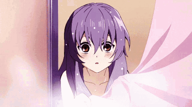 a girl with purple hair and red eyes is wearing a pink shirt