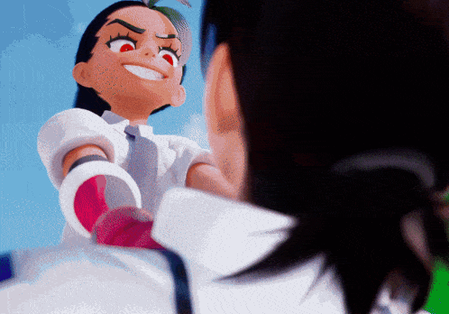 a cartoon character with red eyes is smiling and looking at another character