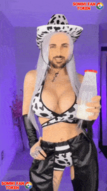 a cartoon of a woman in a cow print outfit holding a bottle of milk