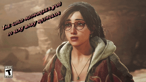 a woman with glasses and the words " the guild authorizes you to slay baby patholos "