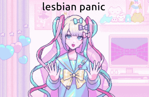 a pixel art of a girl with the words lesbian panic written above her