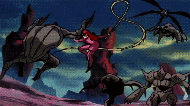 a cartoon drawing of a woman holding a whip fighting monsters