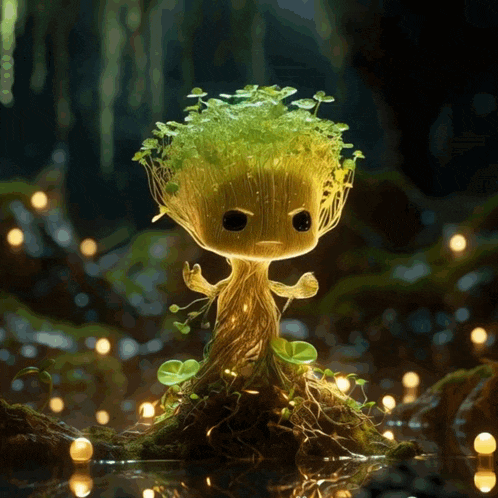 a cartoon tree with a sad face is surrounded by lights and moss