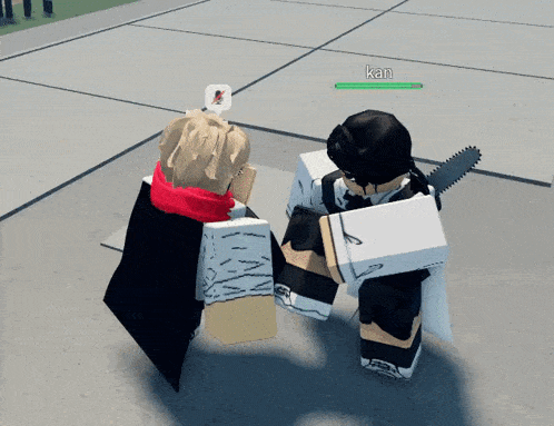 two roblox characters are standing next to each other and one of them has the name kan on his screen