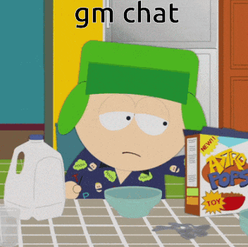 a south park character is sitting at a table with a box of oatmeal pops in front of him