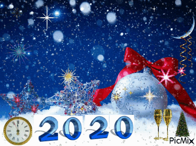 a picture of a clock and a christmas tree with the year 2020