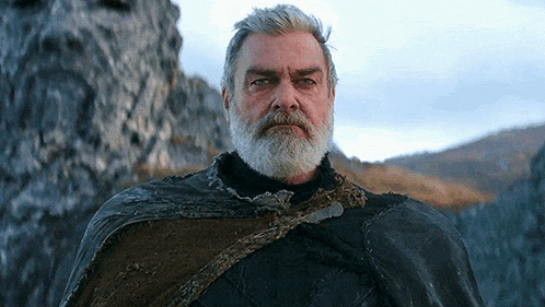 a man with a beard and cape is standing in front of a rocky mountain .