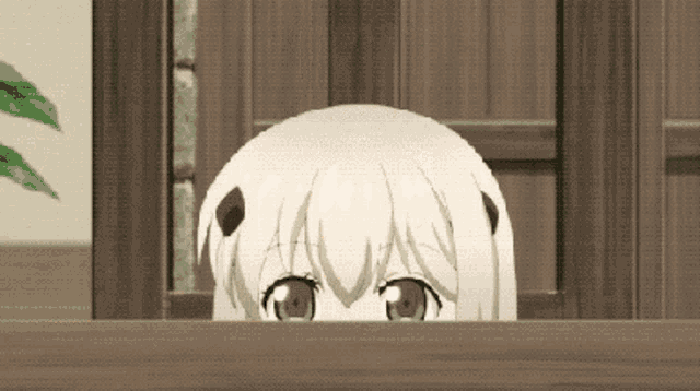 a cartoon character is peeking over a wooden ledge