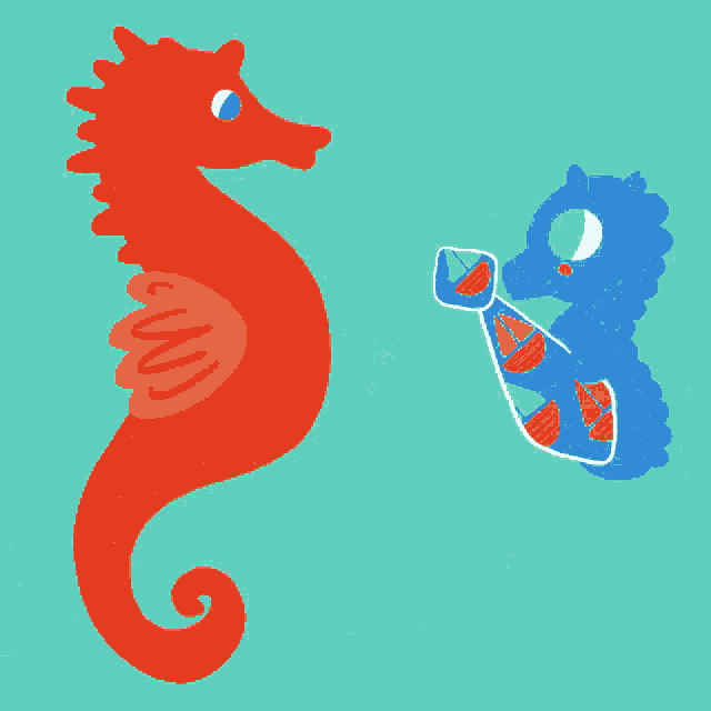 a red seahorse and a blue seahorse are wearing ties