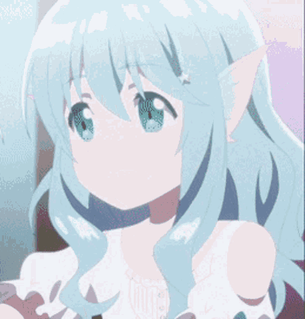 a girl with blue hair and elf ears is wearing a white shirt