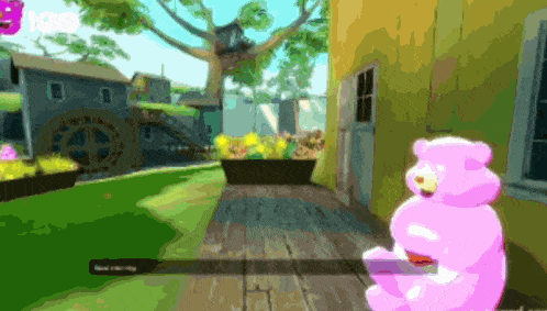 a pink teddy bear sits on a wooden deck in a game