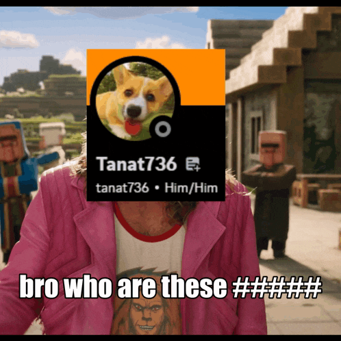 a man in a pink jacket has a picture of a dog on his face and says bro who are these #