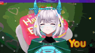 a video of a girl with horns and a mask says happy birthday to you
