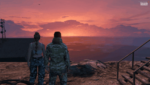 a man and a woman in military uniforms are looking at the sunset