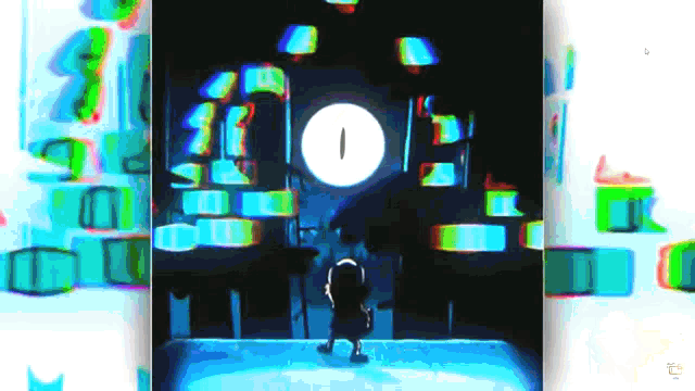 a drawing of a person standing in front of a large clock with the number 1 on it