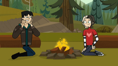 two cartoon characters are sitting around a campfire in the woods