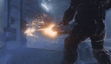 a video game character is holding a gun with sparks flying out of it