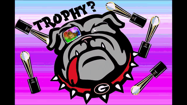 a cartoon of a bulldog surrounded by trophies with the words trophy on top