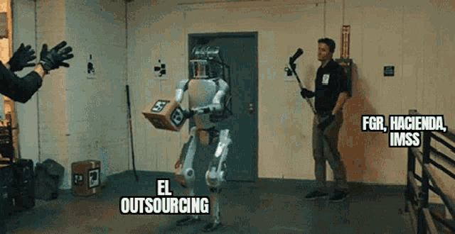a robot is carrying a box and says el outsourcing on the bottom