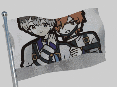 a flag with a picture of two boys on it