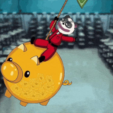 a panda bear is riding a piggy bank filled with money