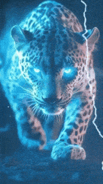 a leopard with glowing blue eyes and a lightning bolt behind it