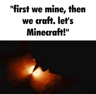 a screenshot of a video game that says " first we mine then we craft let 's minecraft ! "
