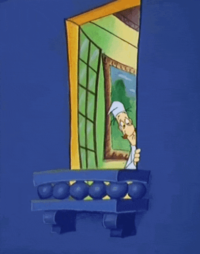 a cartoon of a man looking out of a window .