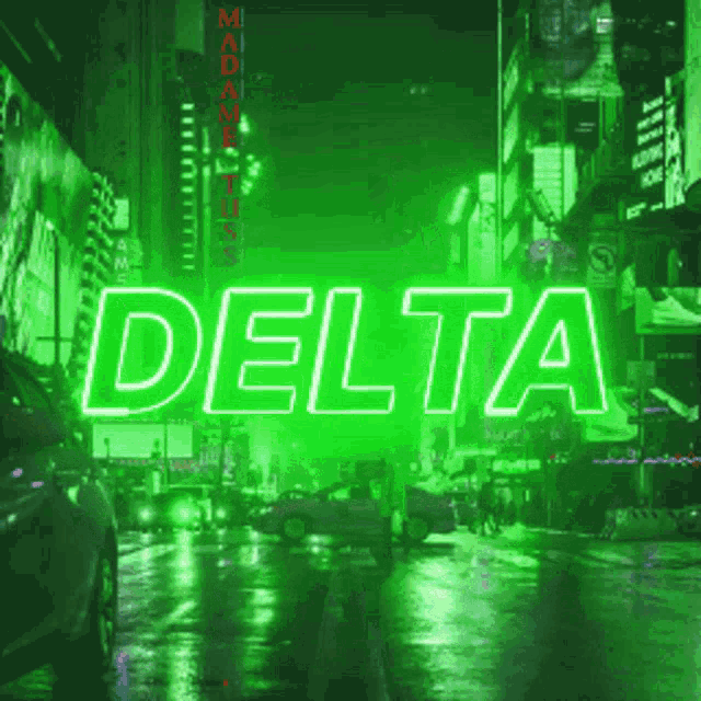a neon sign that says delta in green letters