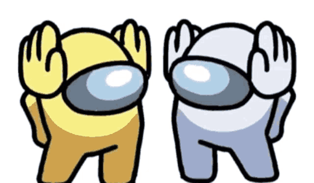 a yellow and a white among us character are covering their faces with their hands .