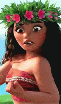 a cartoon girl with a flower crown on her head looks surprised
