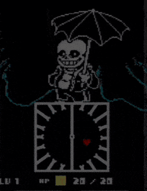 a pixel art of a skeleton holding an umbrella with a hp of 17