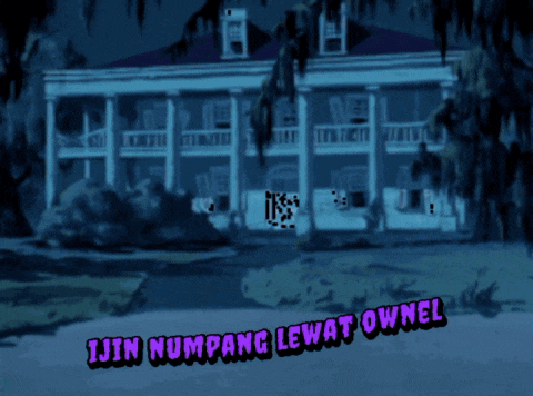 a cartoon of a ghost standing in front of a haunted house with the words ijin numpang lewat owner below it