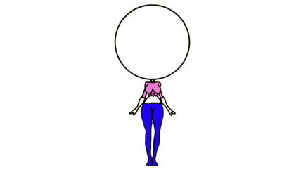 a cartoon of a girl with a big head and a circle around her head .