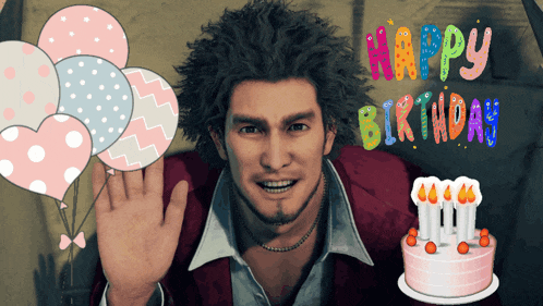 a man with balloons and a cake with the words happy birthday
