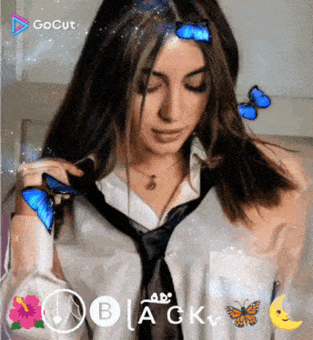 a woman in a white shirt and black tie is surrounded by blue butterflies and the word black